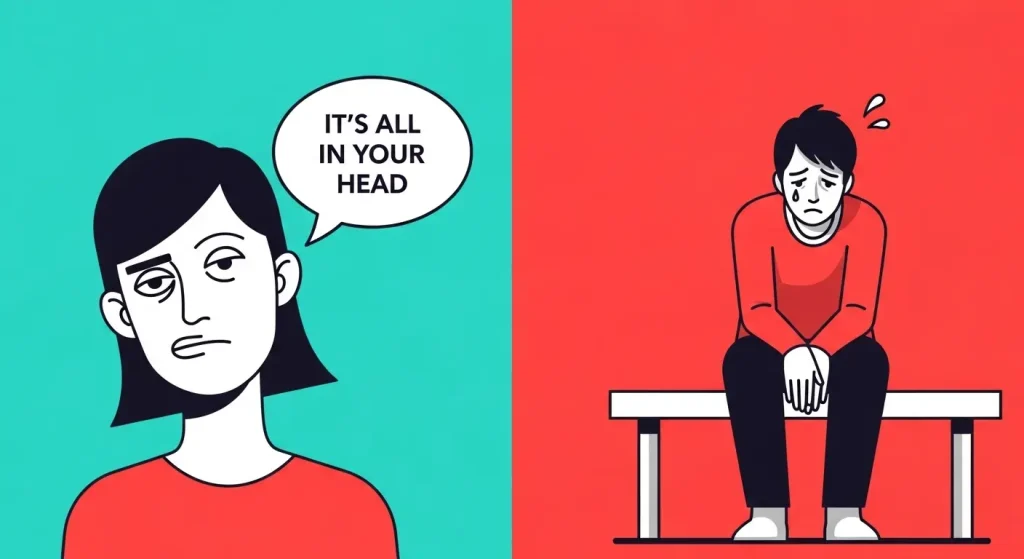 "Illustration montrant deux personnages : une femme avec une bulle de dialogue disant 'IT'S ALL IN YOUR HEAD', et un homme assis sur un banc, visiblement triste ou frustré, avec des gouttes de sueur sur son front."