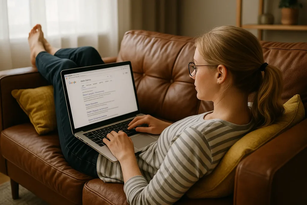 "Une femme assise confortablement sur un canapé, utilisant un ordinateur portable pour effectuer une recherche sur Google. Elle porte des lunettes et a les pieds posés sur le canapé, dans un environnement domestique lumineux et accueillant."