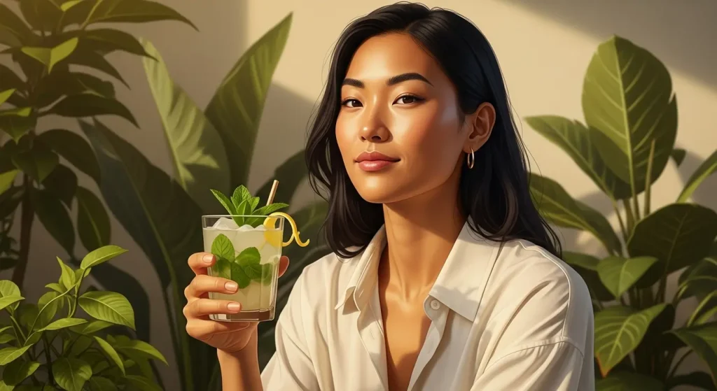 Une femme souriante tenant un verre de boisson verte rafraîchissante garni de feuilles de menthe et de glaçons, entourée de plantes vertes, symbolisant le bien-être et la nutrition saine.