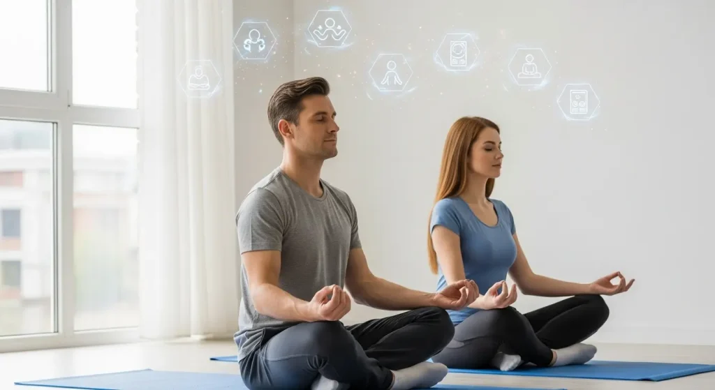 Un homme et une femme assis en position de méditation sur des tapis de yoga, dans une pièce lumineuse. Des symboles flottants au-dessus d'eux représentent divers aspects liés à la méditation, au bien-être, et à la technologie, soulignant la fusion entre la pratique traditionnelle et les outils modernes.