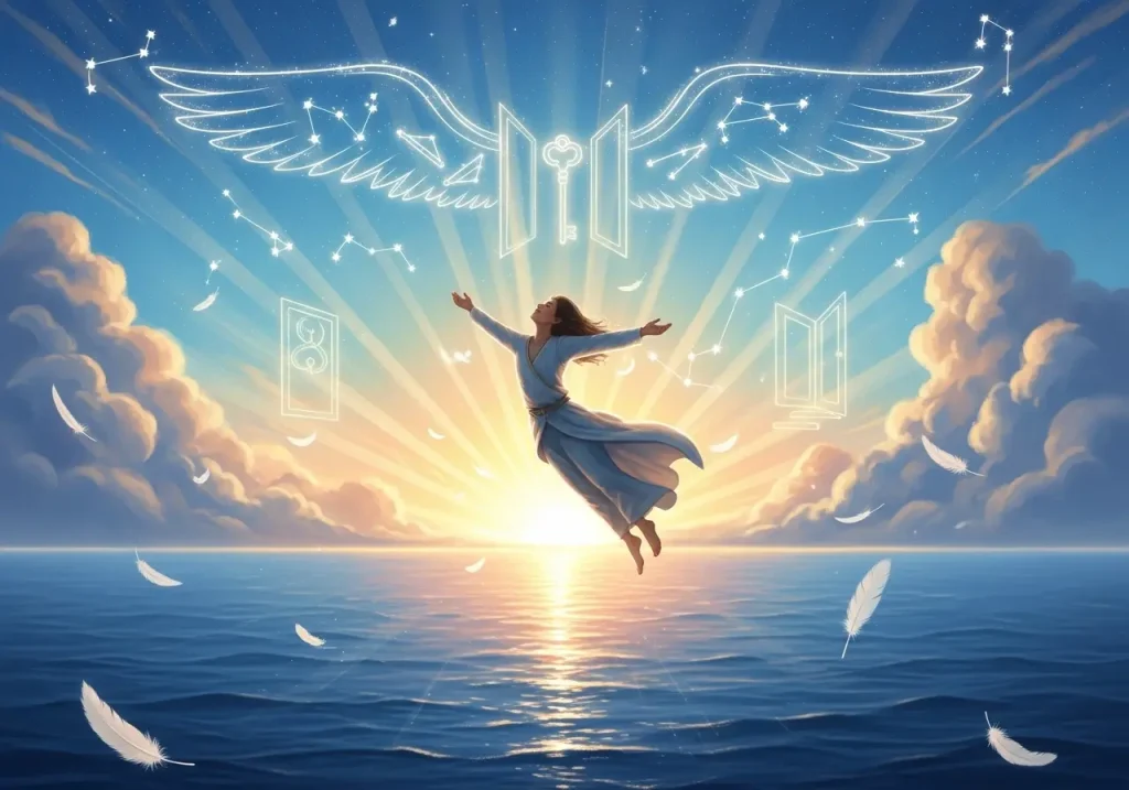Une femme vêtue d'une robe blanche flotte au-dessus de la mer, les bras levés vers un ciel illuminé par des rayons solaires. Autour d'elle, des ailes stylisées, des clés, des portes, et des constellations symbolisent la spiritualité, l'élévation, et la découverte. Des plumes flottent doucement, ajoutant une touche de légèreté et de pureté.