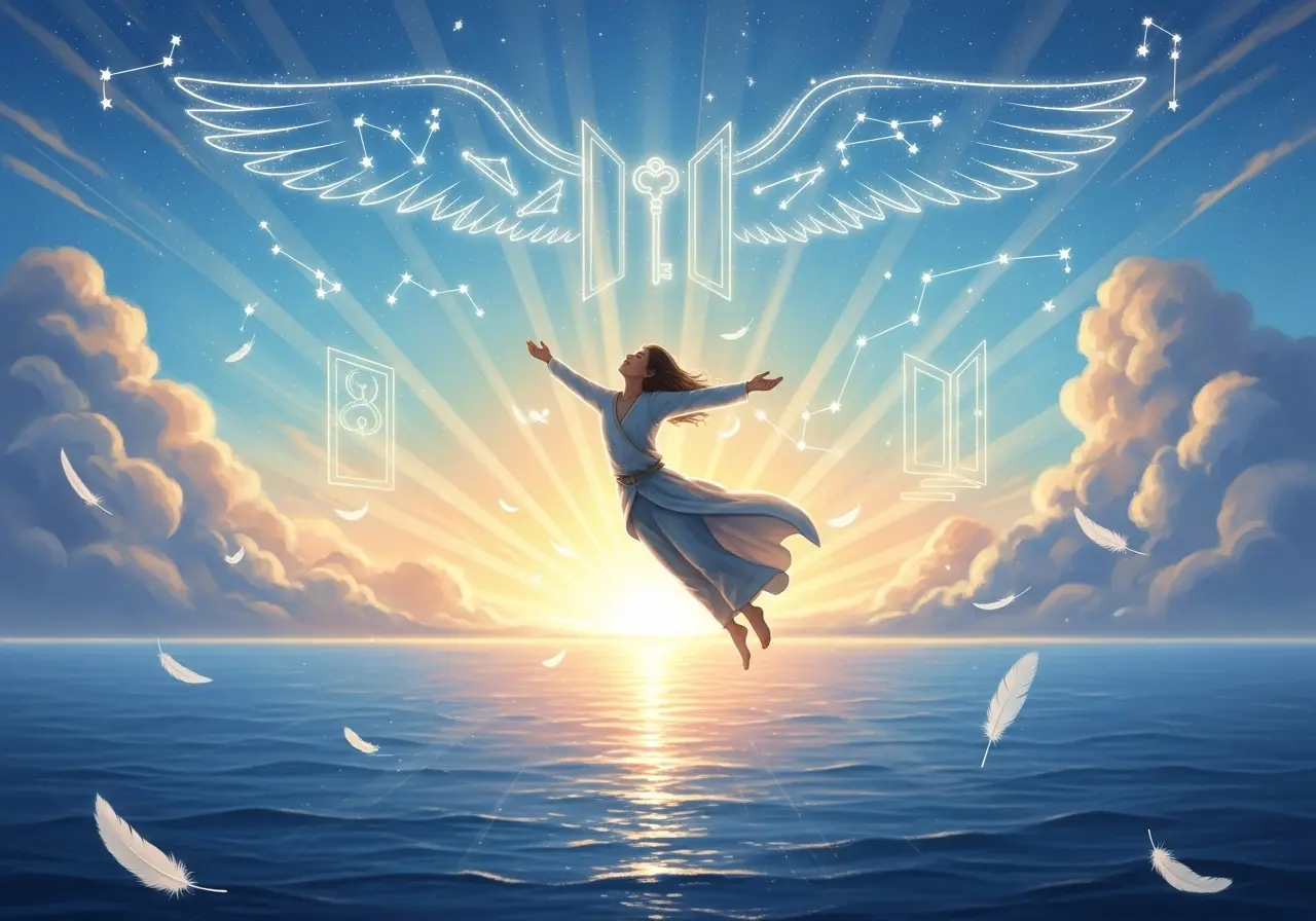 Une femme vêtue d'une robe blanche flotte au-dessus de la mer, les bras levés vers un ciel illuminé par des rayons solaires. Autour d'elle, des ailes stylisées, des clés, des portes, et des constellations symbolisent la spiritualité, l'élévation, et la découverte. Des plumes flottent doucement, ajoutant une touche de légèreté et de pureté.