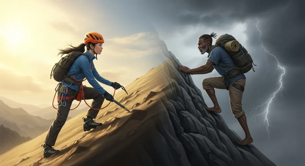 Deux personnes escaladant une montagne rocheuse sous un ciel orageux. Une femme, équipée pour l'escalade, grimpe avec détermination, tandis qu'un homme lui tend la main pour l'aider. L'ambiance dramatique souligne la persévérance et la collaboration.