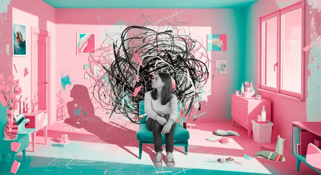 "Une jeune femme assise sur un fauteuil dans une chambre aux couleurs vives, avec une forme abstraite noire et chaotique flottant au-dessus de sa tête, symbolisant la confusion ou les émotions tumultueuses. La chambre est décorée de manière moderne, avec des objets personnels dispersés autour." TDAH chez les filles signes symptômes