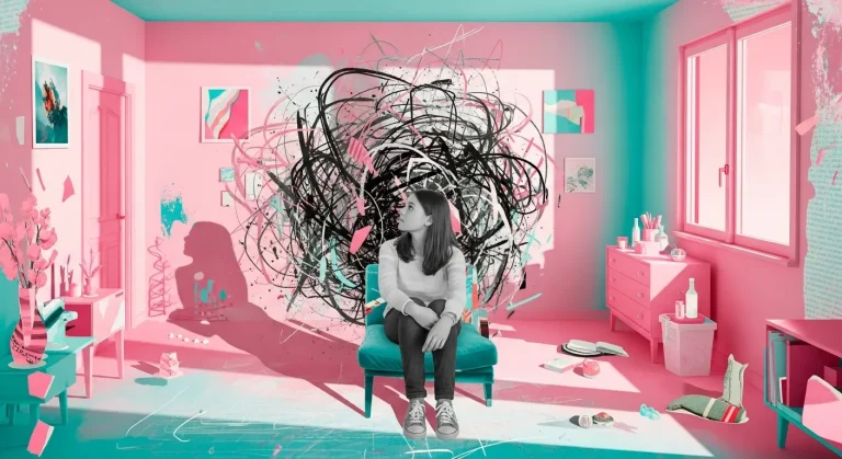 "Une jeune femme assise sur un fauteuil dans une chambre aux couleurs vives, avec une forme abstraite noire et chaotique flottant au-dessus de sa tête, symbolisant la confusion ou les émotions tumultueuses. La chambre est décorée de manière moderne, avec des objets personnels dispersés autour." TDAH chez les filles signes symptômes
