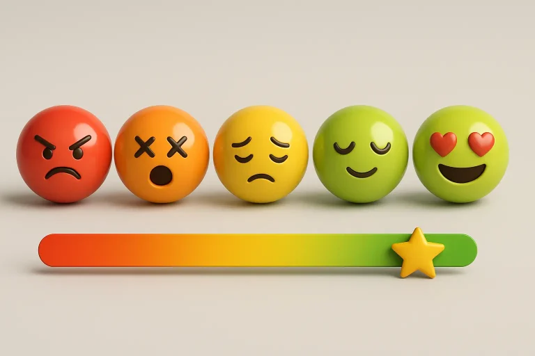 "Cinq sphères colorées représentant différents émoticônes, allant de l'expression colérique (rouge) à l'expression amoureuse (vert vif). En dessous, une barre de progression passe du rouge au vert, avec une étoile jaune brillante à la fin, symbolisant une évolution positive des émotions."