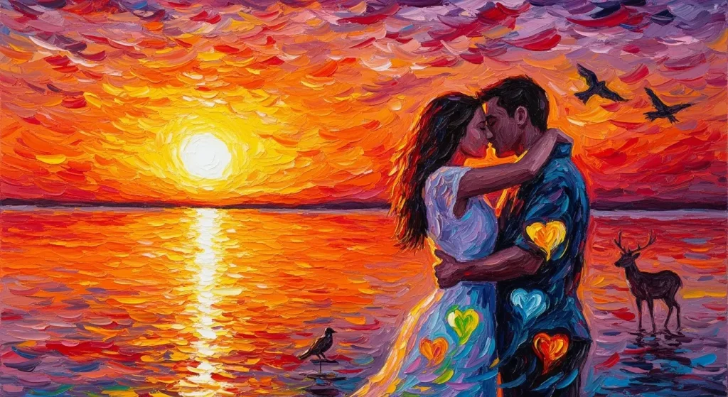 "Un couple enlacé sous un coucher de soleil magnifique, avec des coeurs peints sur leurs vêtements, symbolisant l'amour et la romance. En arrière-plan, des oiseaux volent dans le ciel et un cerf se tient près de l'eau, ajoutant une touche naturelle et spirituelle."