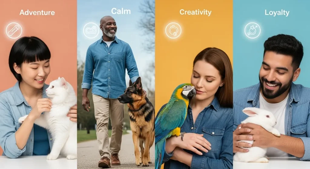 Quatre scènes montrant des interactions entre des humains et des animaux, chacune associée à un thème émotionnel : Adventure (une femme caressant un chat), Calm (un homme marchant avec un chien), Creativity (une femme avec un perroquet), et Loyalty (un homme tenant un lapin).