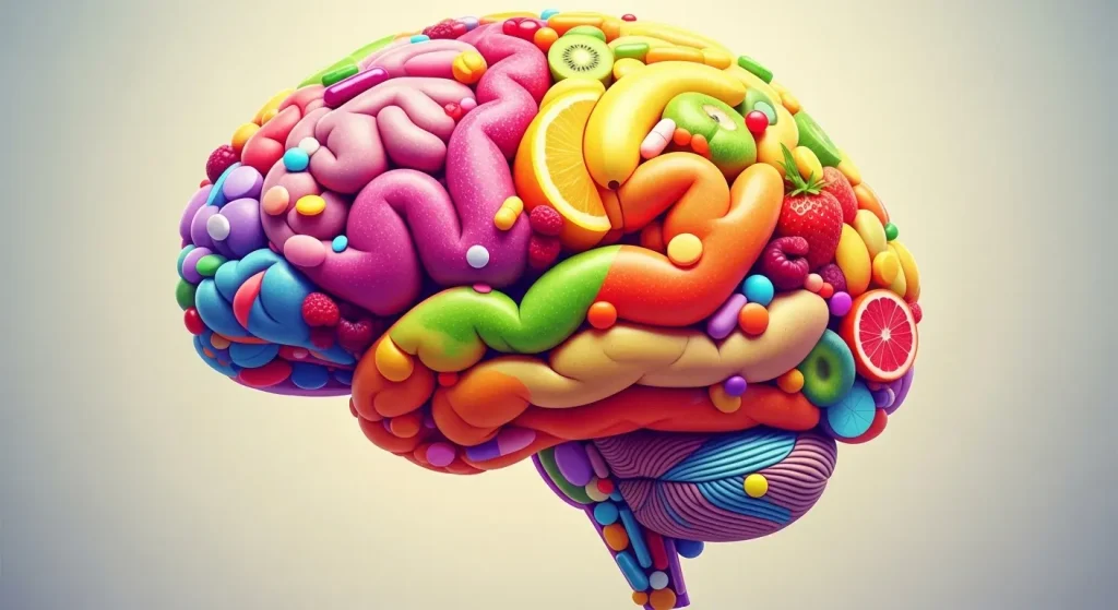 Cerveau humain stylisé recouvert de fruits et d'aliments colorés, symbolisant la relation entre une alimentation saine et une bonne santé cognitive.