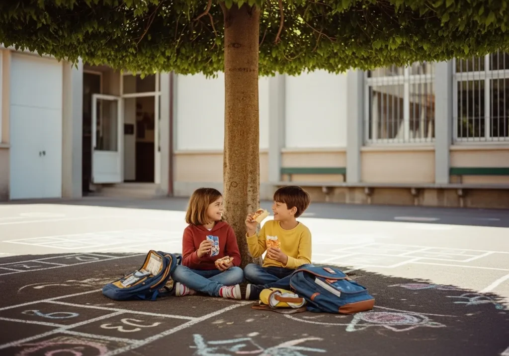 "Deux enfants assis sous un arbre dans une cour d'école, partageant un moment de pause pendant laquelle ils mangent ou boivent quelque chose. Leur sourire et leurs sacs à dos indiquent qu'ils profitent d'un instant de détente après ou avant les cours."