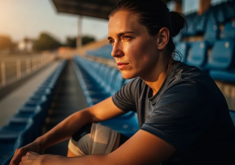 Une femme sportive assise sur des gradins bleus dans un stade, portant un t-shirt gris et des leggings clairs, avec une lumière dorée de coucher de soleil en arrière-plan.