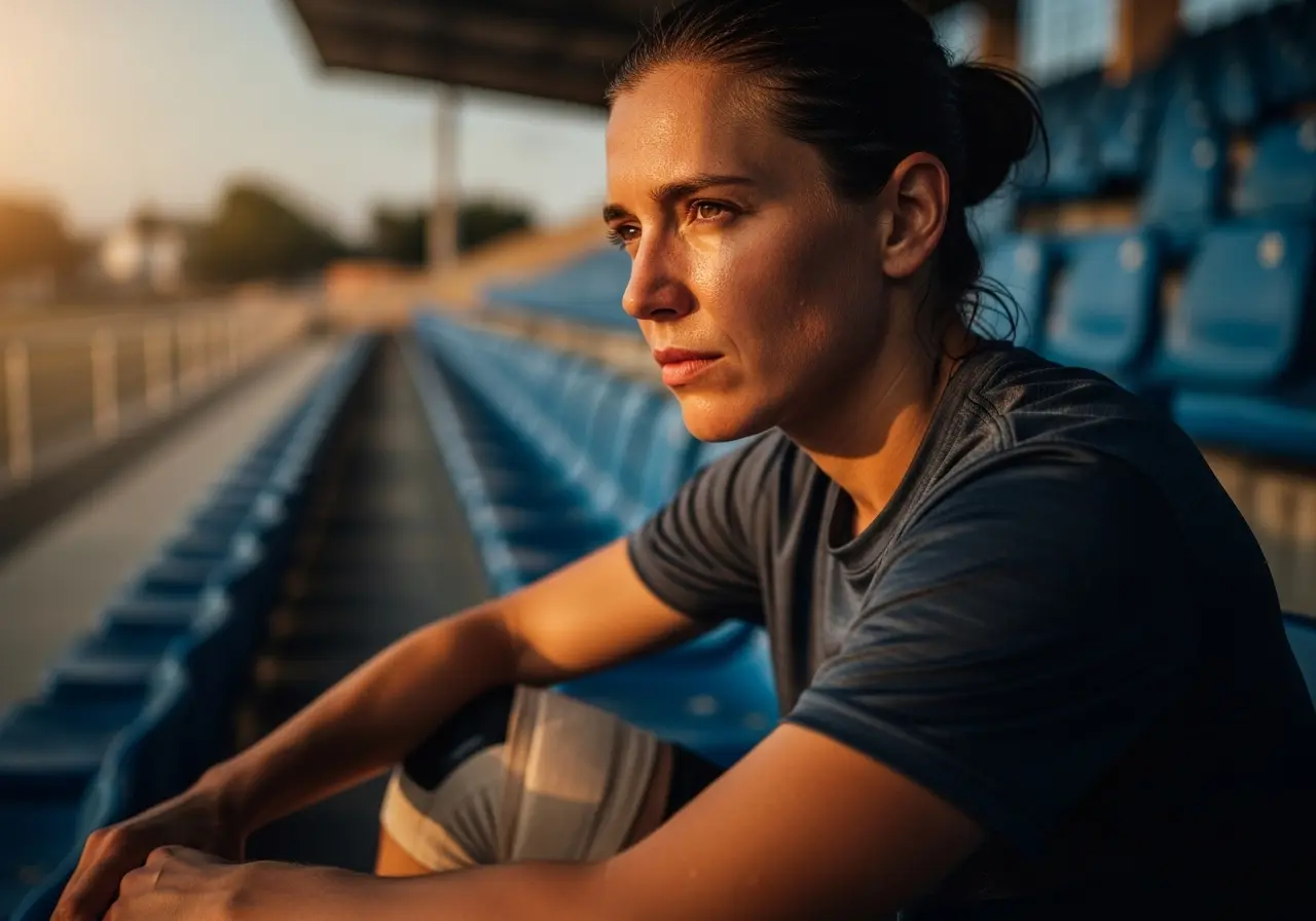 Une femme sportive assise sur des gradins bleus dans un stade, portant un t-shirt gris et des leggings clairs, avec une lumière dorée de coucher de soleil en arrière-plan.