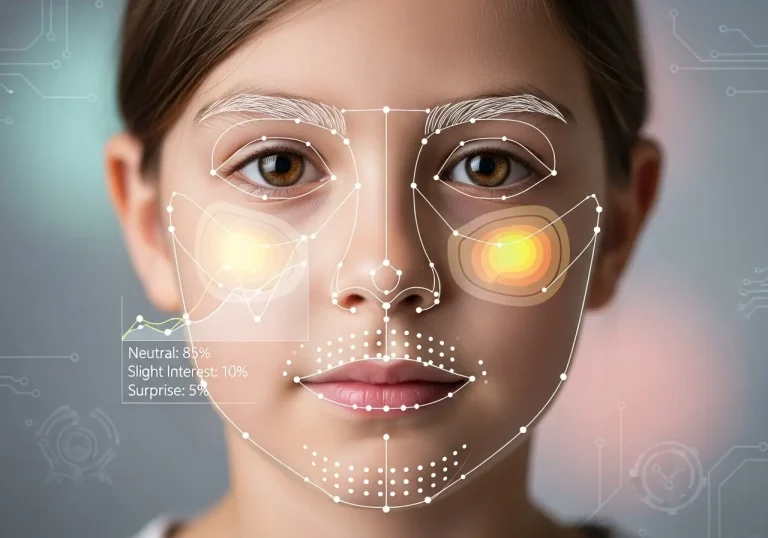 "Visage humain analysé par une technologie d'analyse faciale, avec des points et des lignes connectés pour détecter les émotions. La légende indique des pourcentages pour différentes émotions : Neutral (85%), Slight Interest (10%), Surprise (5%)."
