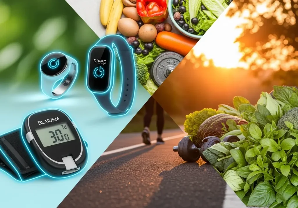 "Composition visuelle mettant en avant les trois piliers du bien-être : dispositifs de suivi de la santé (montre connectée, bracelet intelligent, puce de suivi du glucose), une alimentation riche en fruits et légumes frais, et une activité physique régulière (course à pied et haltères)."