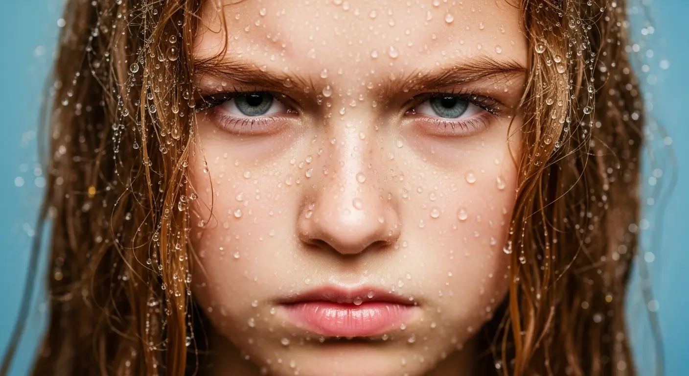 "Plan rapproché du visage d'une jeune fille recouverte de gouttelettes d'eau, avec une expression sérieuse et des cheveux humides."