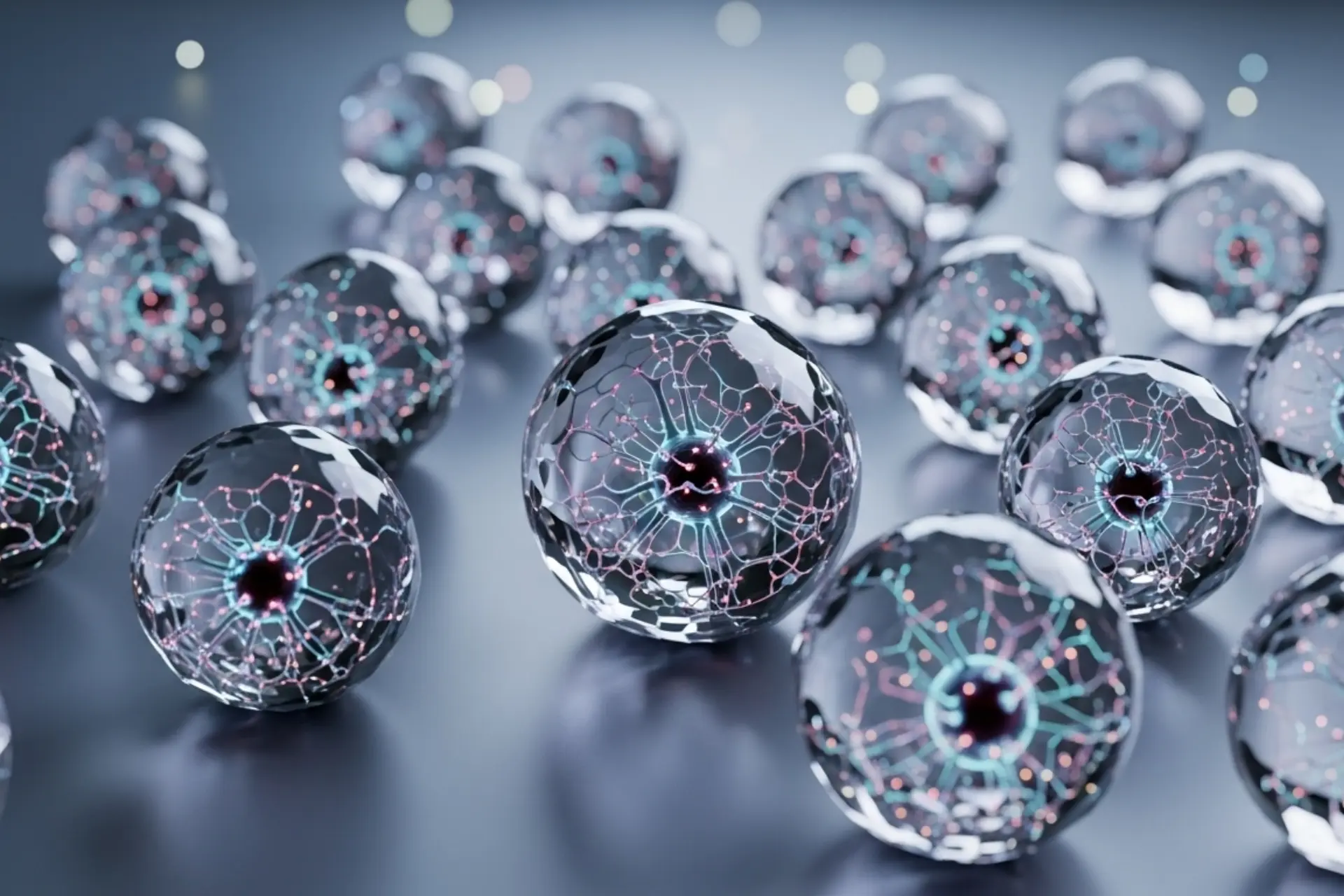 "Sphères futuristes contenant des réseaux lumineux complexes, représentant des structures similaires à des cellules biologiques ou des réseaux neuronaux. Chaque sphère possède un noyau central brillant et des connexions internes visibles."