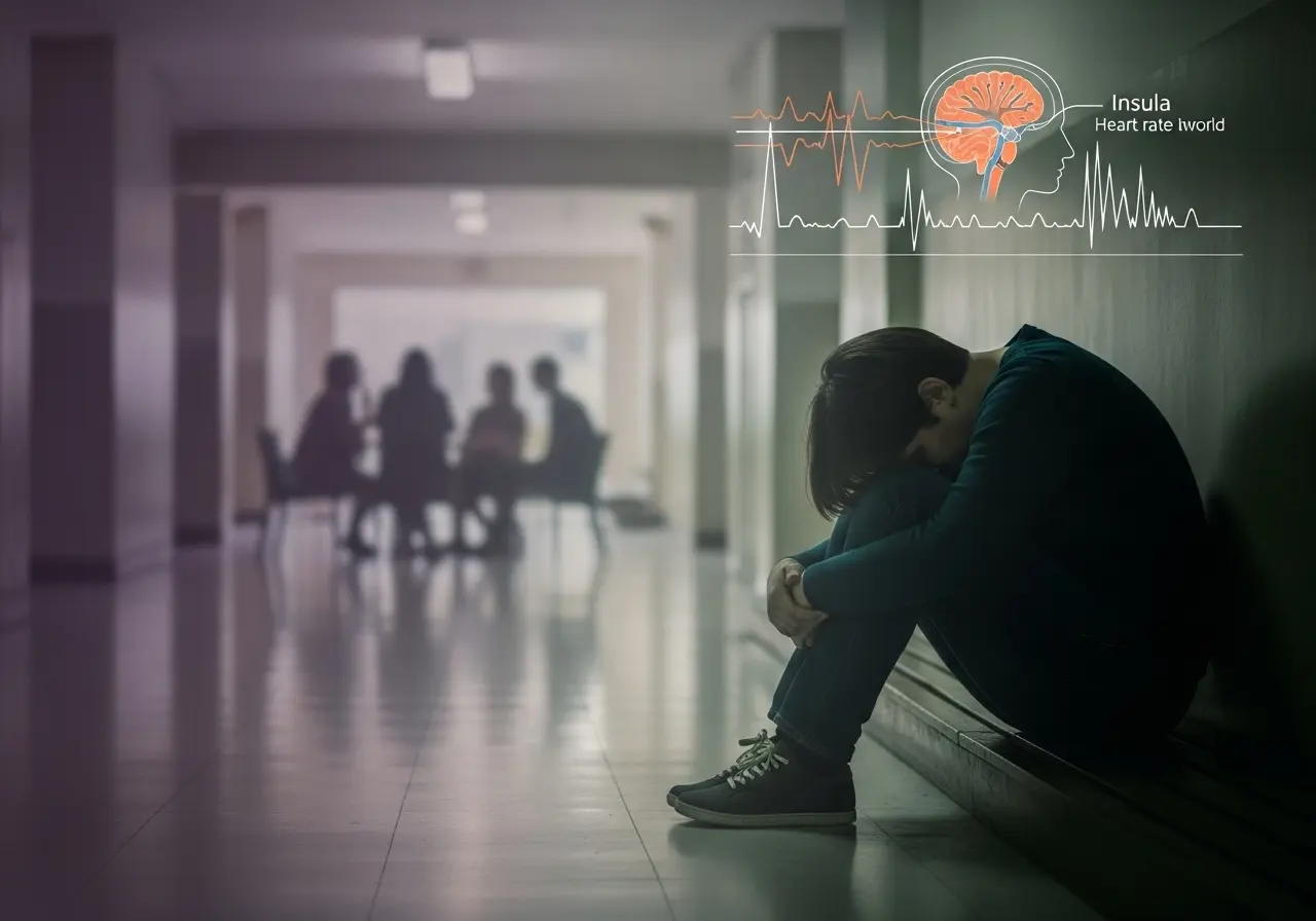 "Une personne assise seule sur un banc dans un couloir, avec la tête baissée et les bras croisés, exprimant un sentiment de tristesse ou de détresse. En arrière-plan, un groupe de personnes est assis en cercle, mais flou, soulignant son isolement. Un graphique scientifique montre une représentation du cerveau avec l'étiquette 'Insula' et des ondes cardiaques, symbolisant la relation entre l'émotion et la santé mentale."