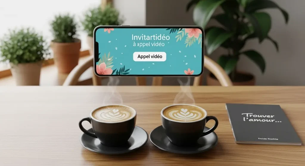 "Table avec deux tasses de café fumantes, un smartphone affichant une application de rencontres (Invitartéo) avec un bouton 'Appel vidéo', et un livre intitulé 'Trouver l'amour...' sur fond de plantes vertes."