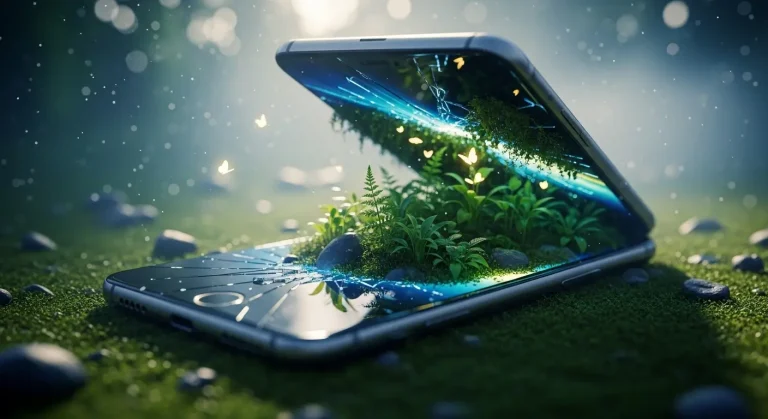 "Smartphone moderne affichant une scène naturelle immersive, où l'écran semble intégré à la réalité environnante, avec des arbres, des plantes, et des points lumineux."