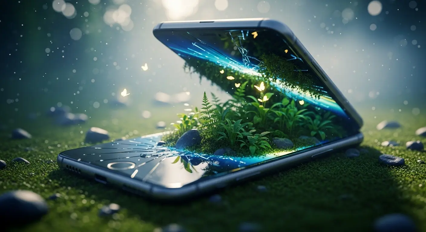 "Smartphone moderne affichant une scène naturelle immersive, où l'écran semble intégré à la réalité environnante, avec des arbres, des plantes, et des points lumineux."