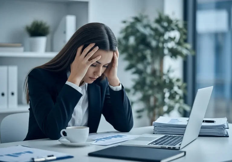 Femme d'affaires épuisée montrant signaux alarme burnout au bureau avec ordinateur et documents empilés