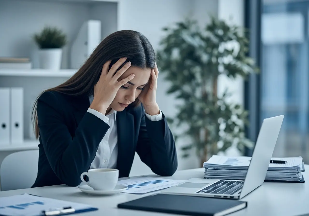 Femme d'affaires épuisée montrant signaux alarme burnout au bureau avec ordinateur et documents empilés
