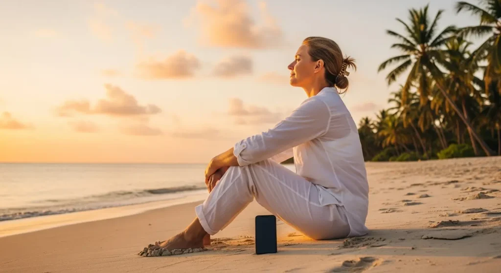 "Femme en vêtements blancs assise sur plage tropicale au coucher du soleil, téléphone éteint posé dans le sable, symbolisant le digital detox en vacances"