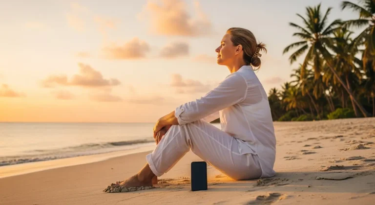 "Femme en vêtements blancs assise sur plage tropicale au coucher du soleil, téléphone éteint posé dans le sable, symbolisant le digital detox en vacances"