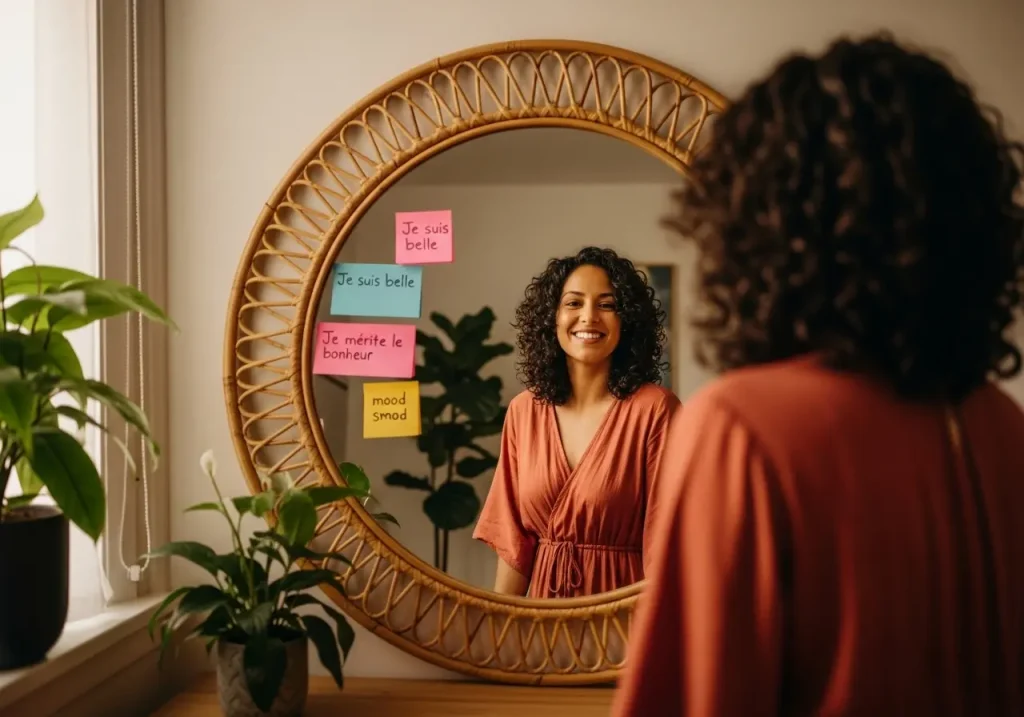 alt="Femme souriante pratiquant l'exercice du miroir bienveillant en thérapie par le dressing, post-it d'affirmations positives sur le miroir, lumière dorée matinale"