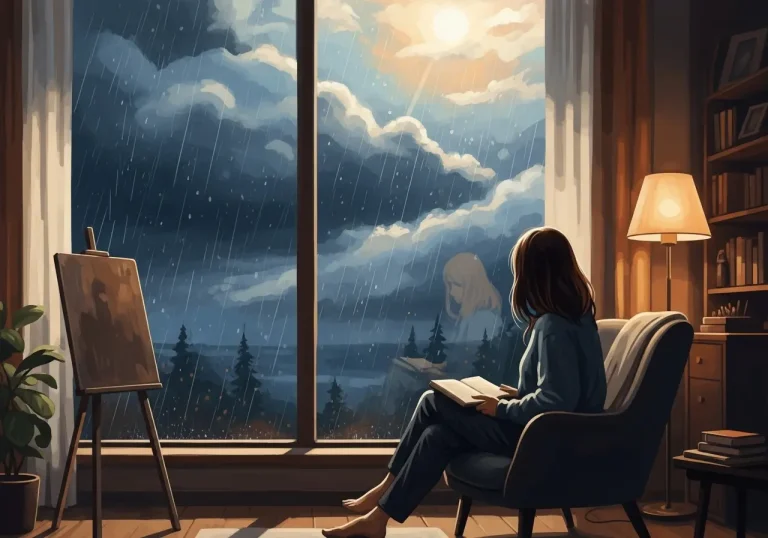 Femme assise dans fauteuil confortable lisant un livre près d'une grande fenêtre pendant la pluie, environnement chaleureux avec lampe et bibliothèque, représentant l'auto-observation et l'introspection pour améliorer la santé mentale