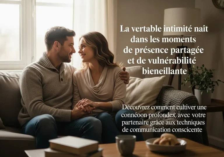 Couple pratiquant la communication consciente et l'intimité émotionnelle dans un moment de présence partagée et vulnérabilité bienveillante