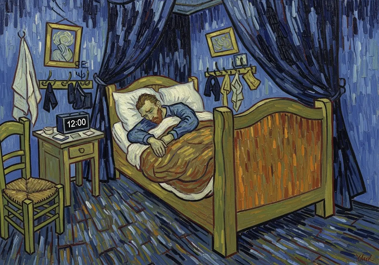 Personne dormant profondément à midi dans une chambre sombre style Van Gogh illustrant l'hypersomnie de la dépression saisonnière