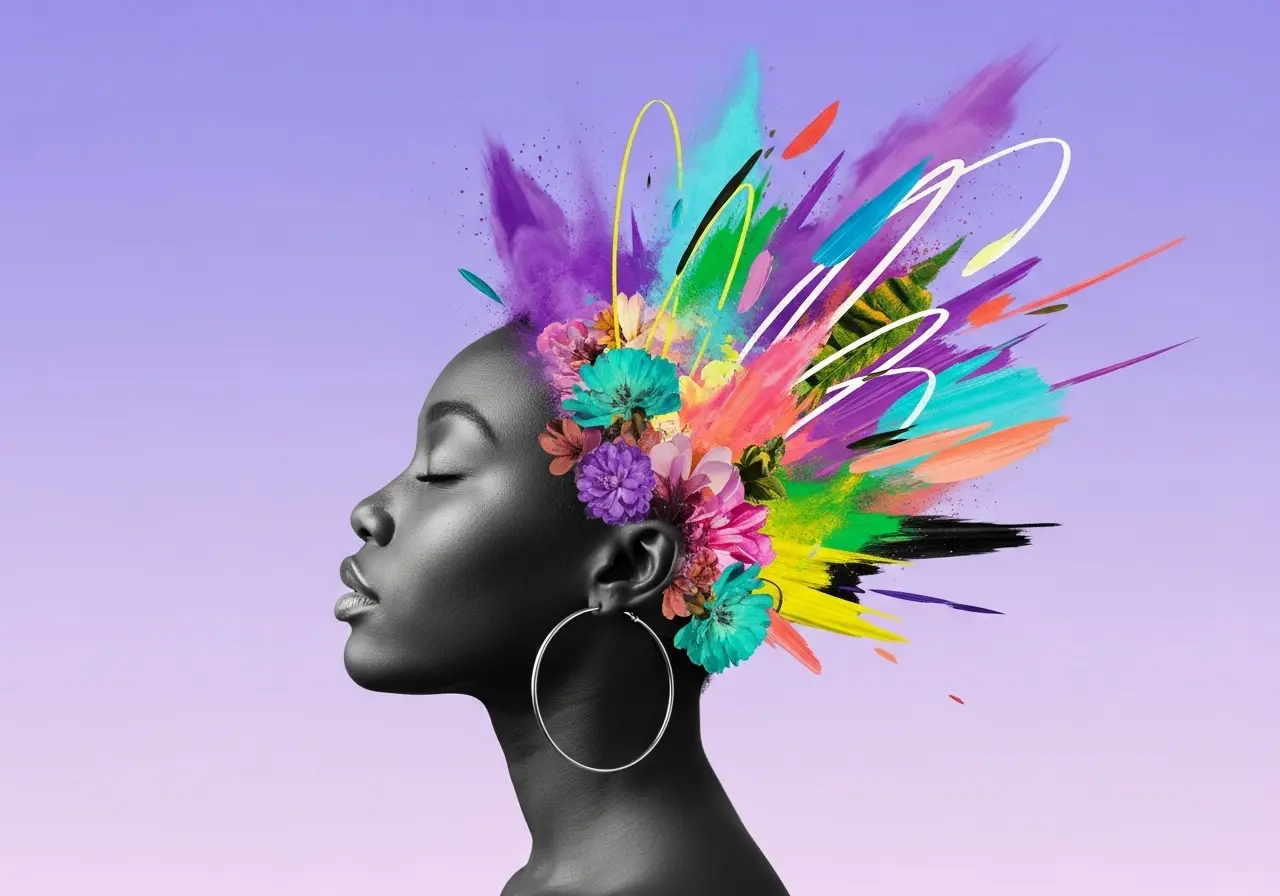 Portrait artistique d'une femme en méditation avec explosion de couleurs représentant la clarté mentale
