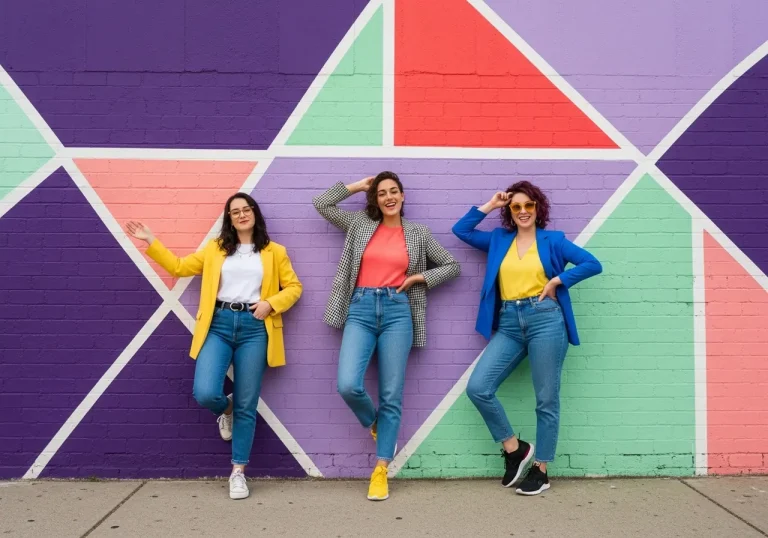 Trois jeunes professionnels diversifiés souriants devant un mur coloré démontrant l'élasticité mentale, la résilience et l'adaptation positive au changement dans un environnement de travail moderne